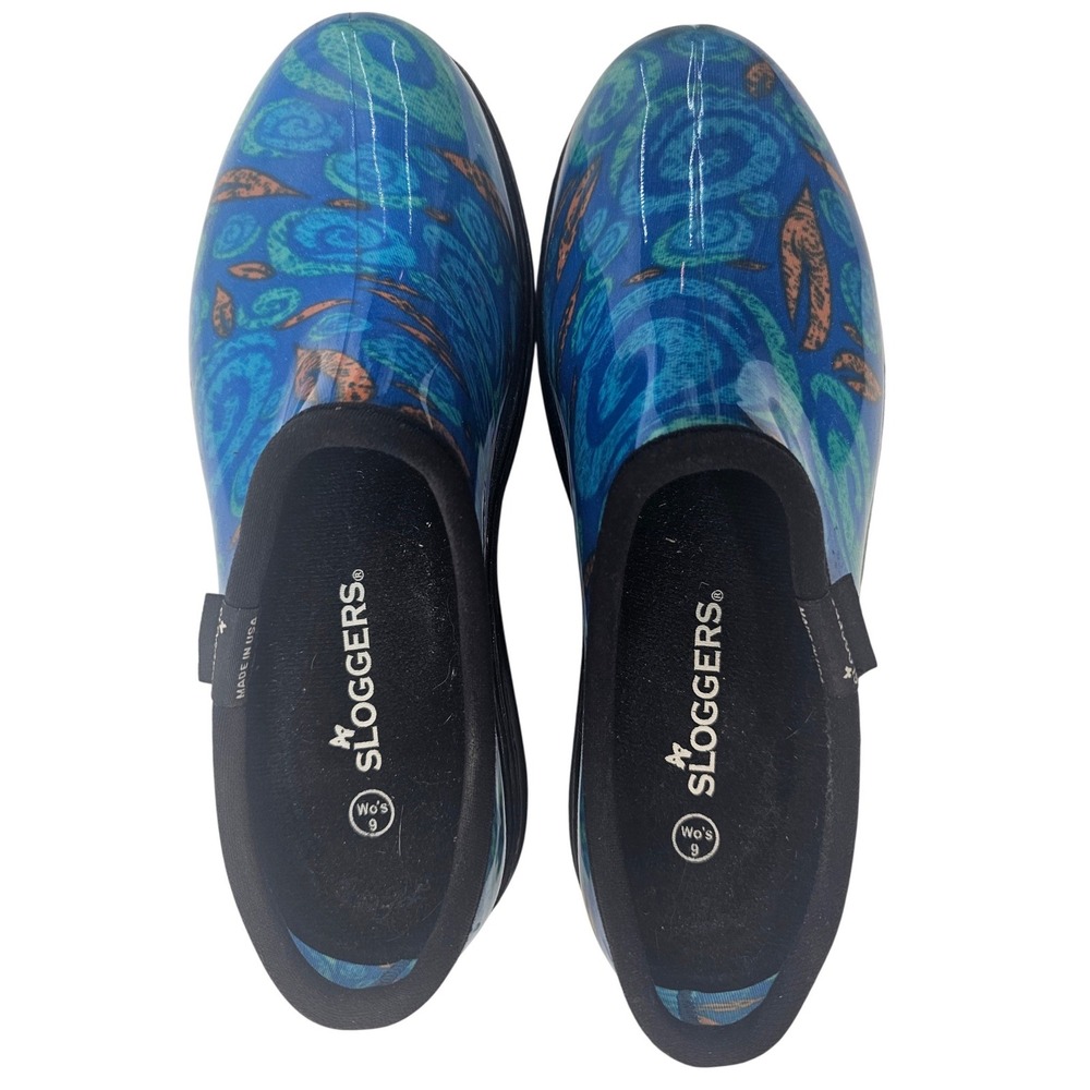 Sloggers Womens 9 Garden Shoes Blue Swirl Waterproof Slip On Clogs Made in USA